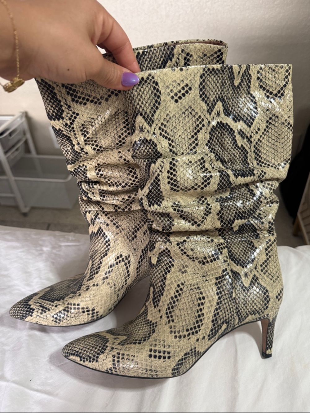 Paris Texas Beige and Black Snake-Print Mid-Calf Pointed-Toe Heeled Boots